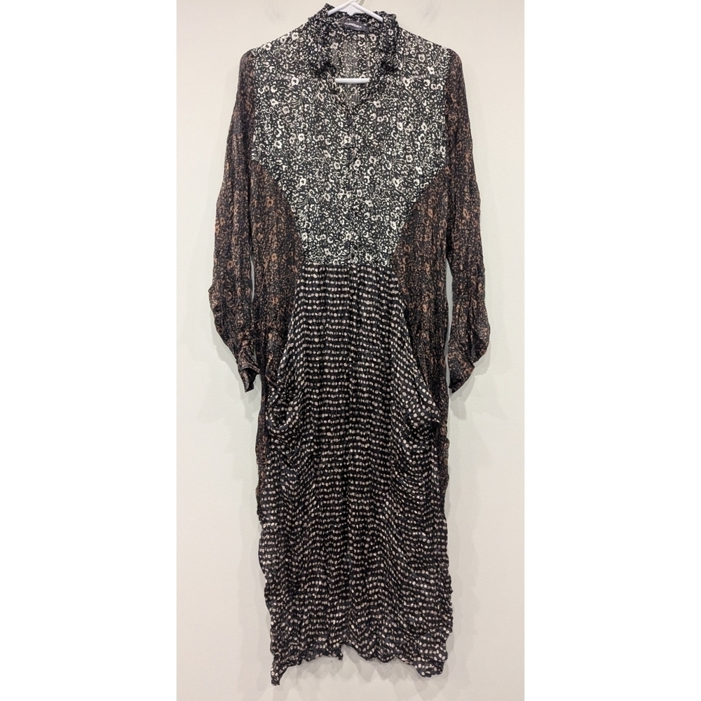 Alembika Black Brown Multi Print Sheer Button Front Pocket Dress Small